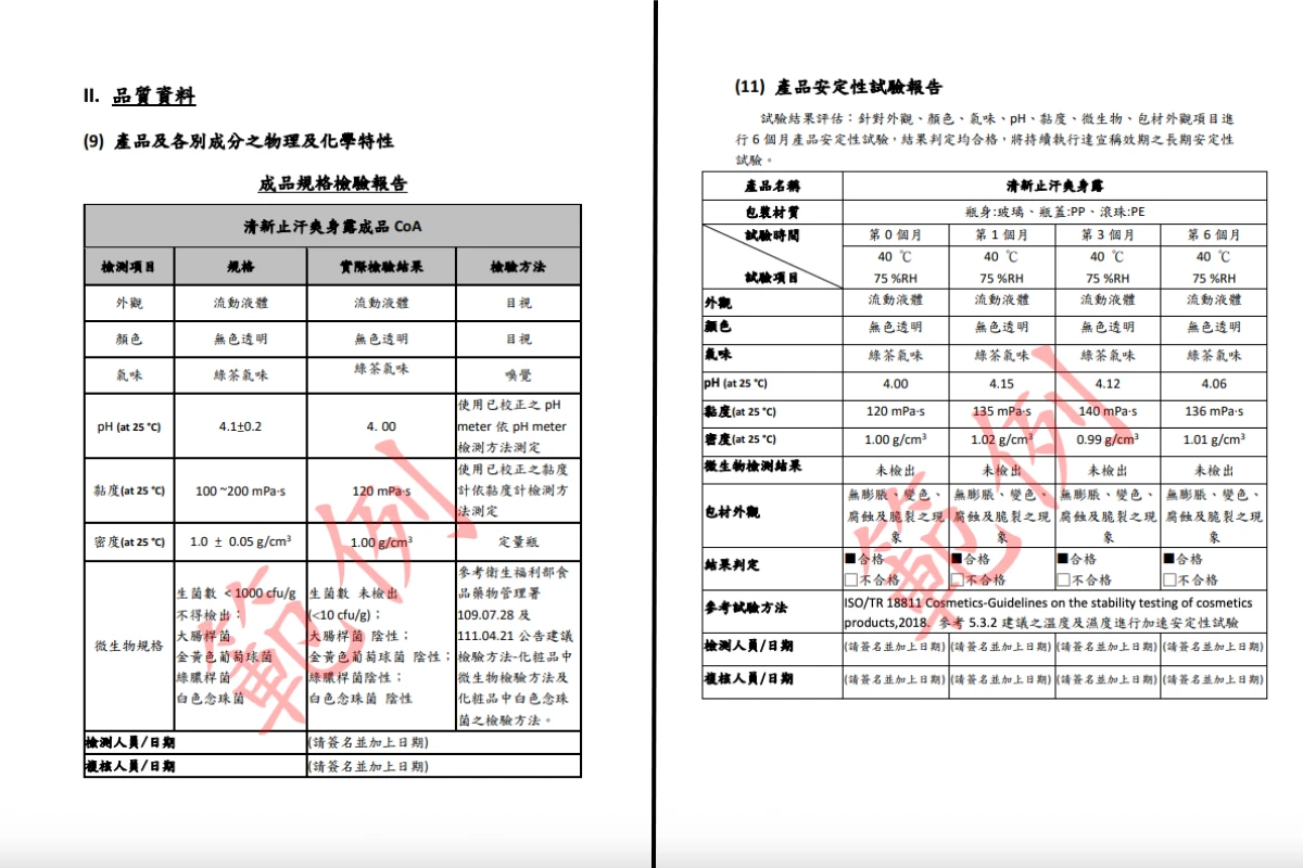 PIF 認證:品質檢驗報告(安定性、微生物、包材相容性等)